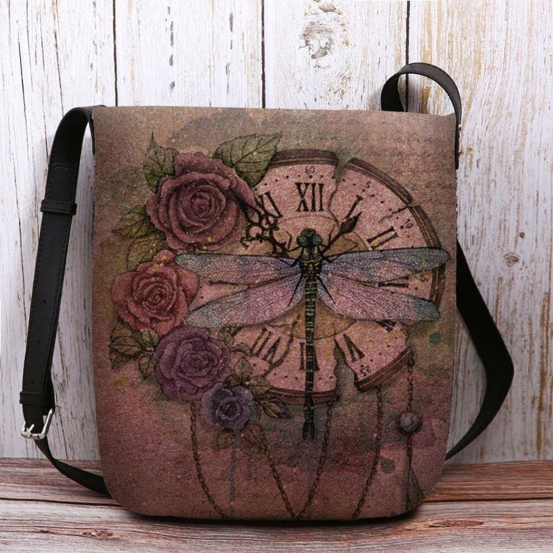 Dame Filt Afslappet Vintage 3d Dragonfly Blomstertrykmønster Crossbody-taske Skuldertaske