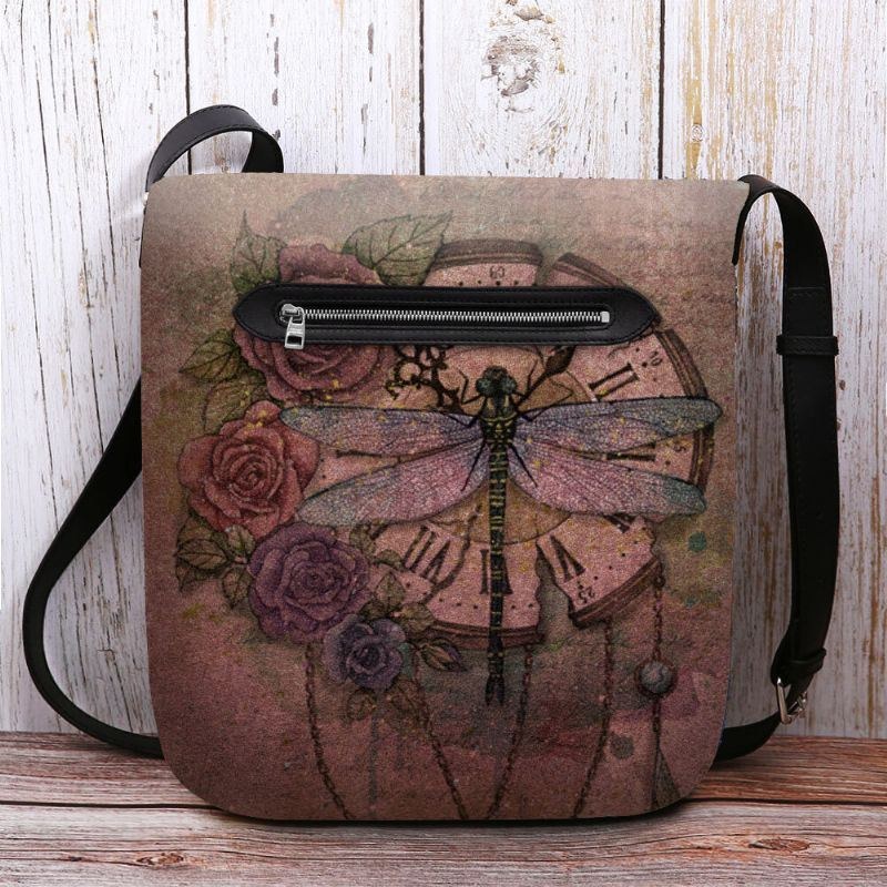 Dame Filt Afslappet Vintage 3d Dragonfly Blomstertrykmønster Crossbody-taske Skuldertaske