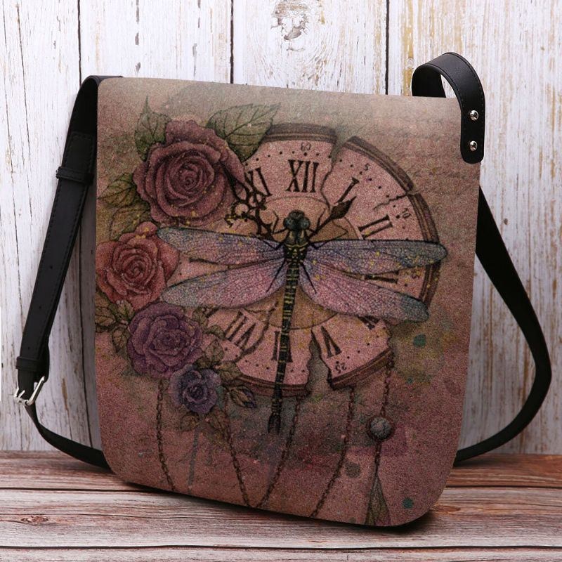 Dame Filt Afslappet Vintage 3d Dragonfly Blomstertrykmønster Crossbody-taske Skuldertaske