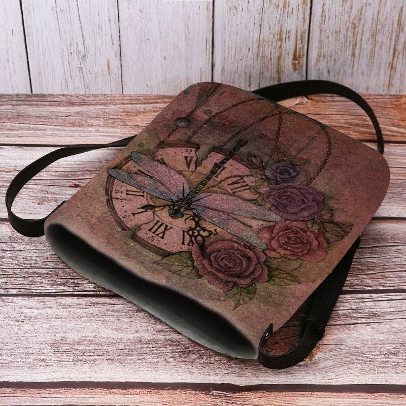 Dame Filt Afslappet Vintage 3d Dragonfly Blomstertrykmønster Crossbody-taske Skuldertaske