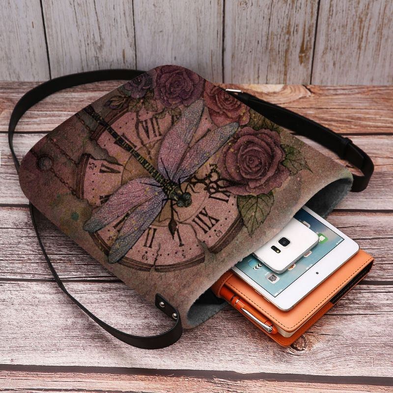 Dame Filt Afslappet Vintage 3d Dragonfly Blomstertrykmønster Crossbody-taske Skuldertaske