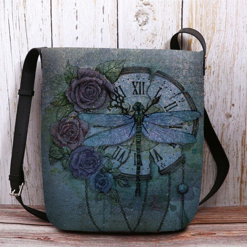 Dame Filt Afslappet Vintage 3d Dragonfly Blomstertrykmønster Crossbody-taske Skuldertaske