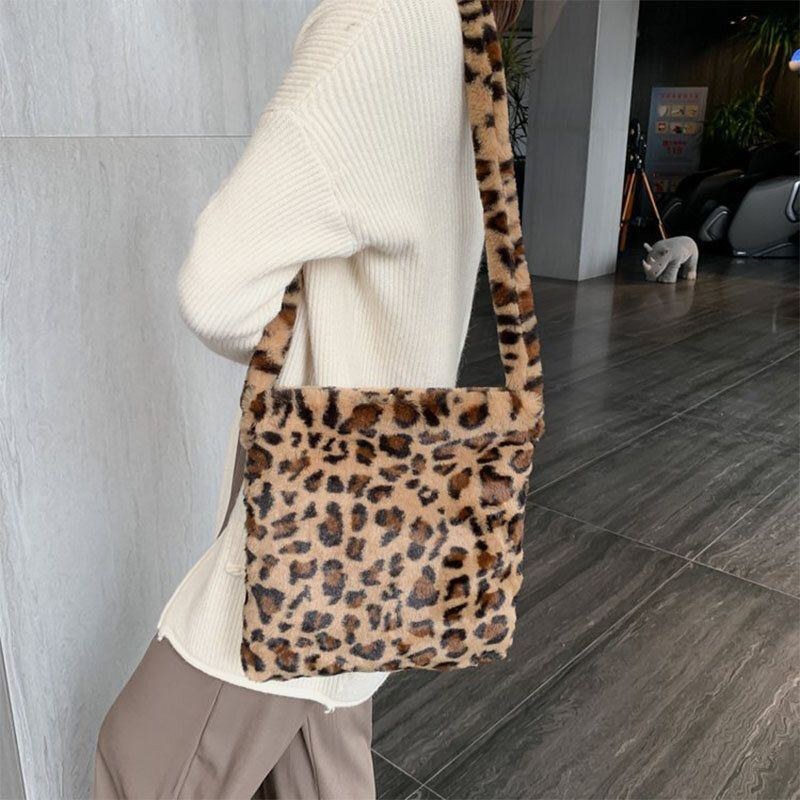 Dame Filt Blødt Leopardmønster Sød Afslappet Personlighed Skuldertaske Crossbody Taske