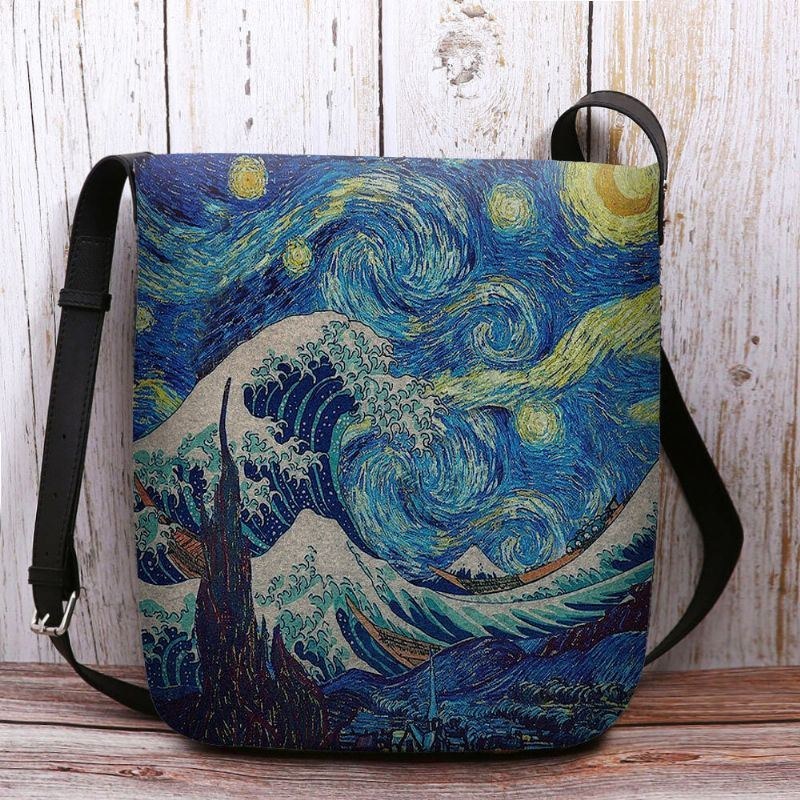 Dame Filt Havbølge Stjernehimmel Mønster Oliemaleri Style Prints Crossbody Taske Skuldertaske