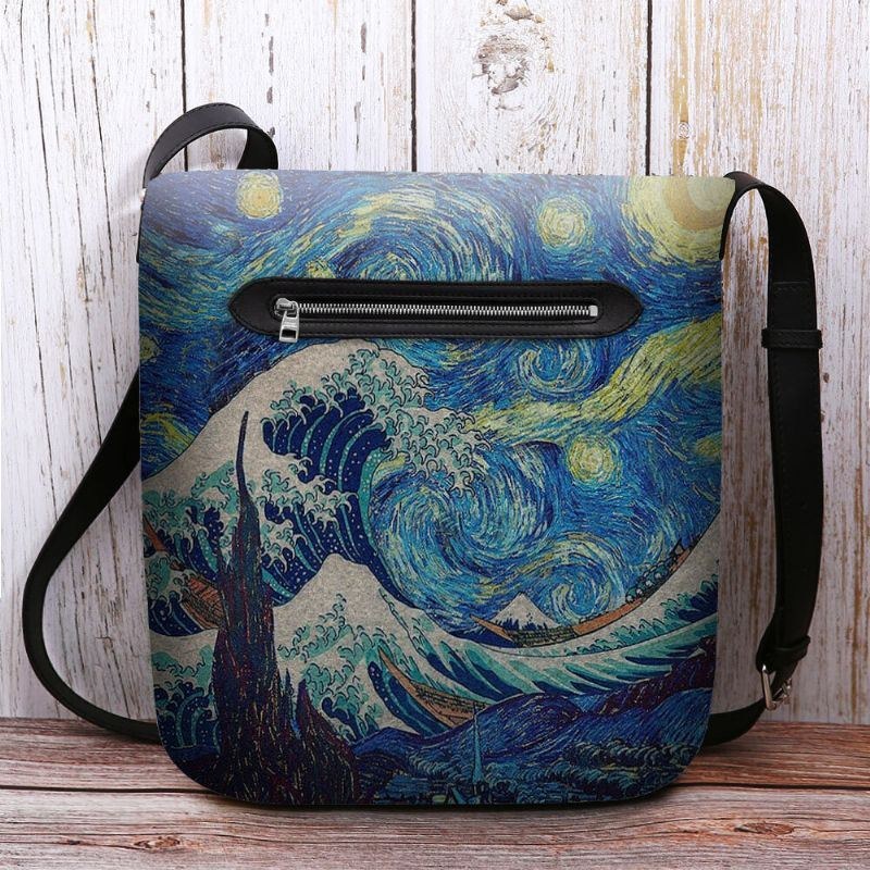 Dame Filt Havbølge Stjernehimmel Mønster Oliemaleri Style Prints Crossbody Taske Skuldertaske