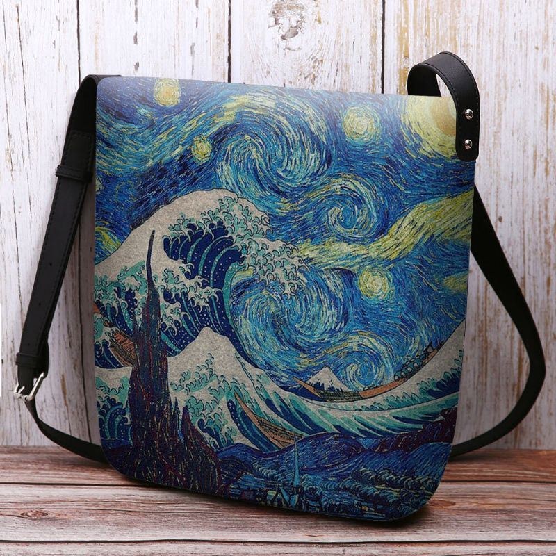 Dame Filt Havbølge Stjernehimmel Mønster Oliemaleri Style Prints Crossbody Taske Skuldertaske