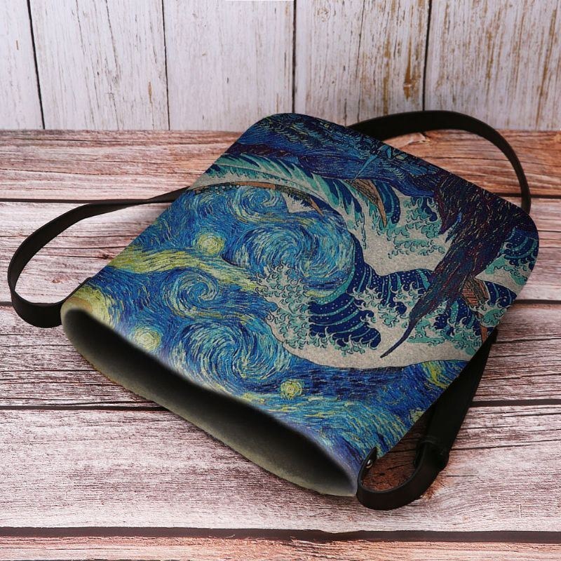 Dame Filt Havbølge Stjernehimmel Mønster Oliemaleri Style Prints Crossbody Taske Skuldertaske