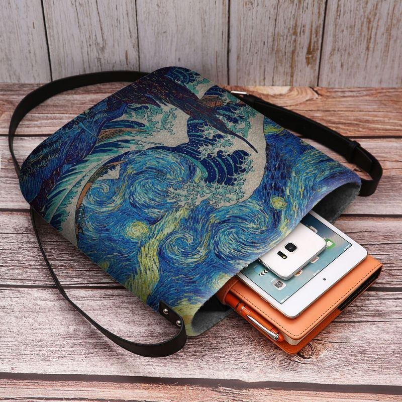 Dame Filt Havbølge Stjernehimmel Mønster Oliemaleri Style Prints Crossbody Taske Skuldertaske