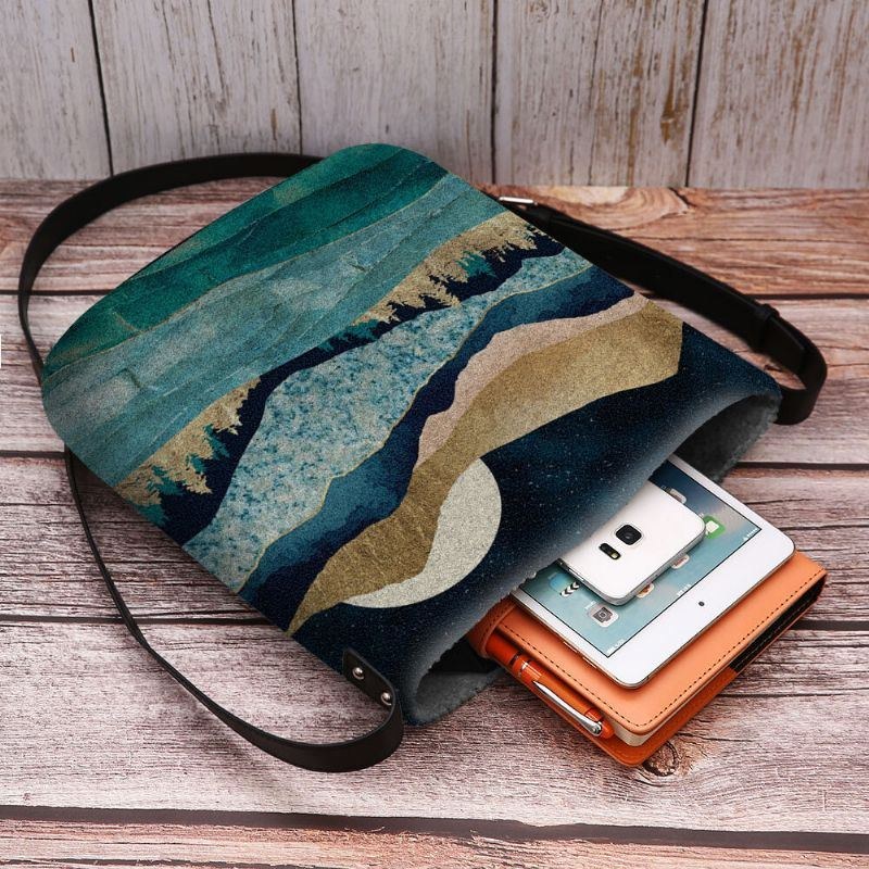 Dame Filt Mountain Treetop Landskabsprint Taske Crossbody Taske Skuldertaske