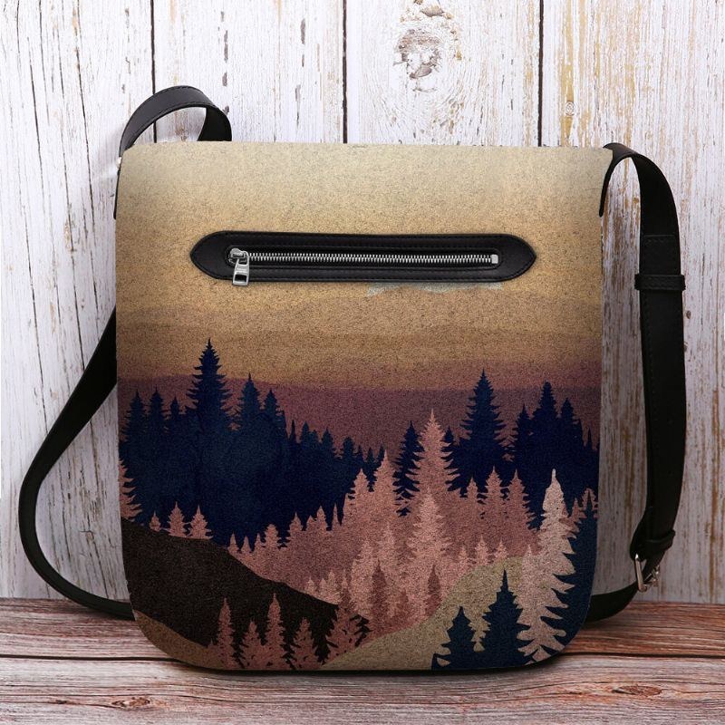 Dame Filt Dame Mountain Treetop Print Mønster Multi-carry Personality Skuldertaske Crossbody Taske