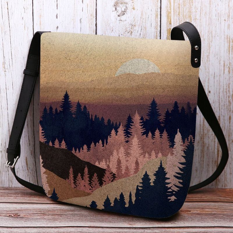 Dame Filt Dame Mountain Treetop Print Mønster Multi-carry Personality Skuldertaske Crossbody Taske