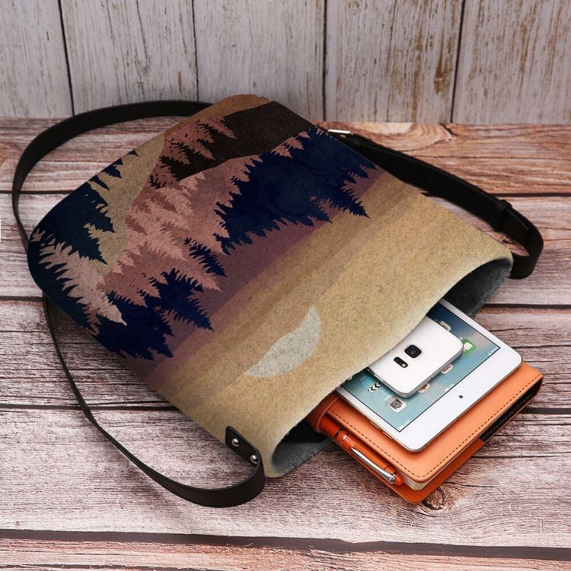 Dame Filt Dame Mountain Treetop Print Mønster Multi-carry Personality Skuldertaske Crossbody Taske