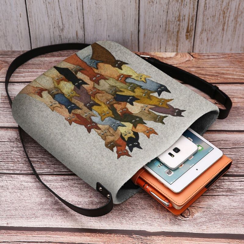 Dame Filt Søde Tegneserie Katte Print Casual Skuldertaske Crossbody Taske