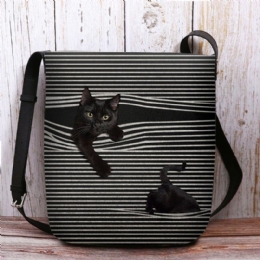 Dame Filt Stribemønster Tredimensional Vision Cat Print Skuldertaske Crossbody Taske