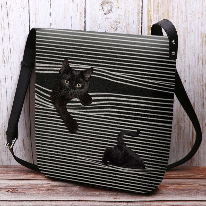 Dame Filt Stribemønster Tredimensional Vision Cat Print Skuldertaske Crossbody Taske