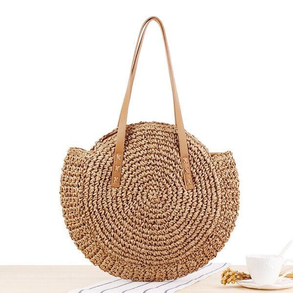 Dame Fritid Rund Straw Bag Vævet Beach Bag Skuldertaske