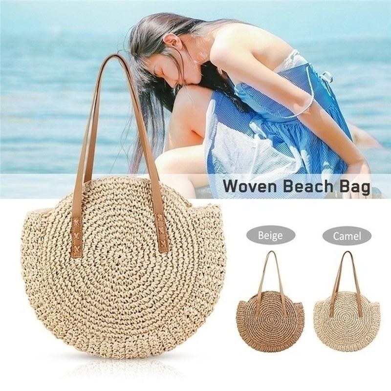 Dame Fritid Rund Straw Bag Vævet Beach Bag Skuldertaske