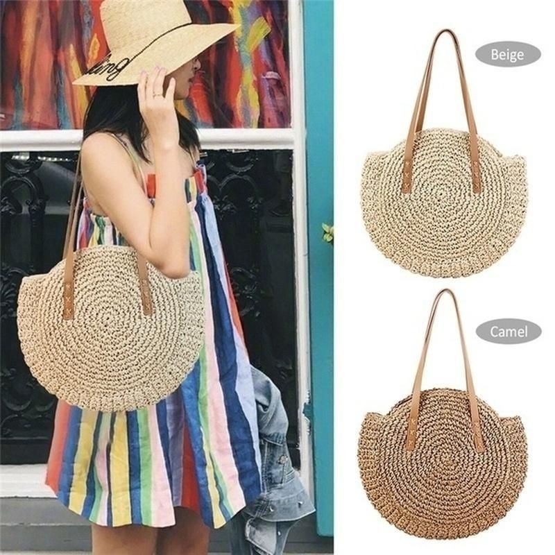 Dame Fritid Rund Straw Bag Vævet Beach Bag Skuldertaske