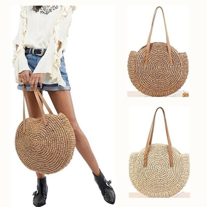 Dame Fritid Rund Straw Bag Vævet Beach Bag Skuldertaske