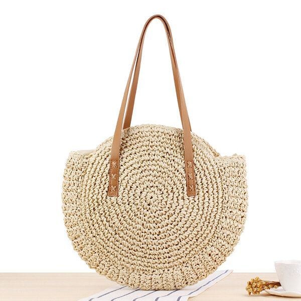 Dame Fritid Rund Straw Bag Vævet Beach Bag Skuldertaske