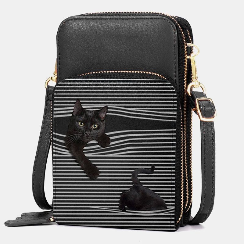 Dame Imiteret Læder Casual Sød Sort Kat Og Striber Mønster Justerbar Skuldertaske Crossbody Taske