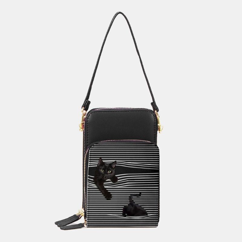 Dame Imiteret Læder Casual Sød Sort Kat Og Striber Mønster Justerbar Skuldertaske Crossbody Taske