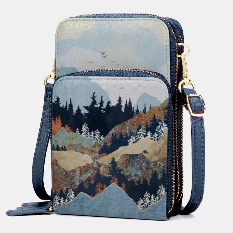 Dame Imiteret Læder Dame Mountain Treetop Print Taske 6.3 Tommer Telefontaske Crossbody Taske