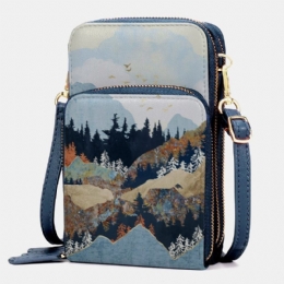 Dame Imiteret Læder Dame Mountain Treetop Print Taske 6.3 Tommer Telefontaske Crossbody Taske