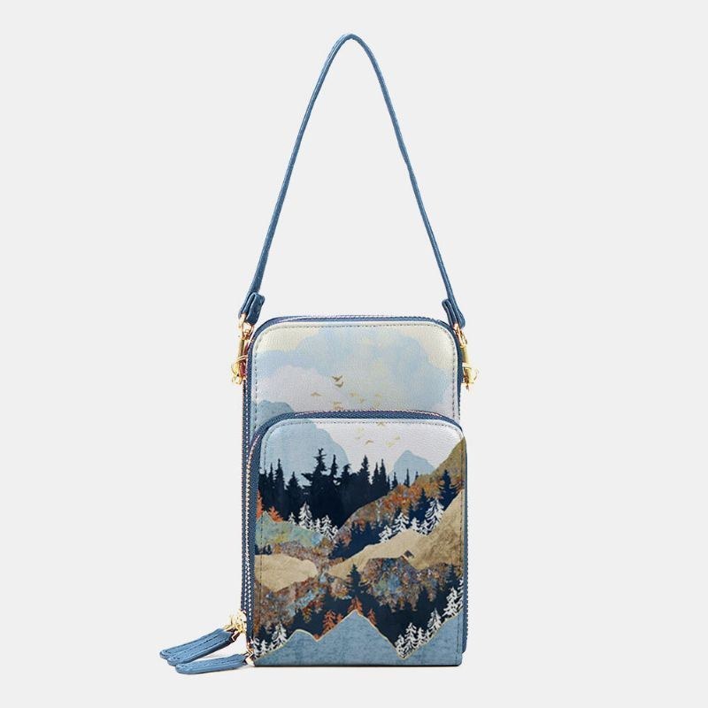 Dame Imiteret Læder Dame Mountain Treetop Print Taske 6.3 Tommer Telefontaske Crossbody Taske