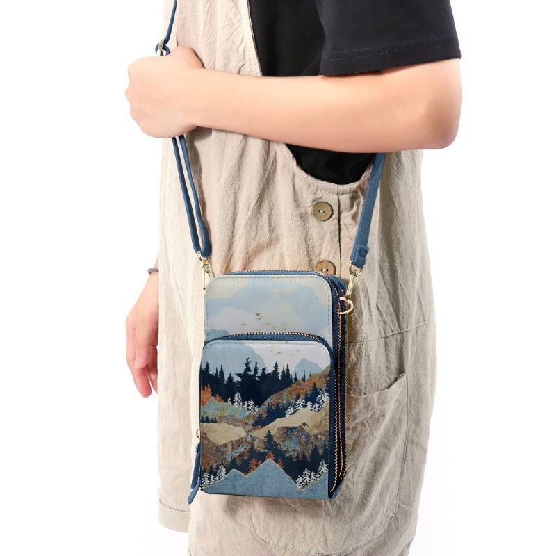 Dame Imiteret Læder Dame Mountain Treetop Print Taske 6.3 Tommer Telefontaske Crossbody Taske