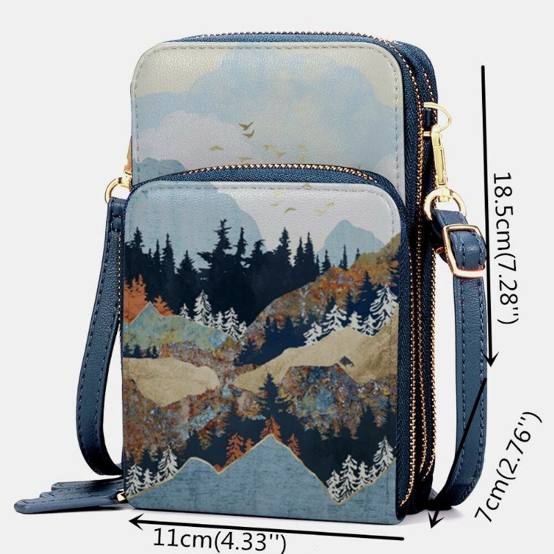 Dame Imiteret Læder Dame Mountain Treetop Print Taske 6.3 Tommer Telefontaske Crossbody Taske