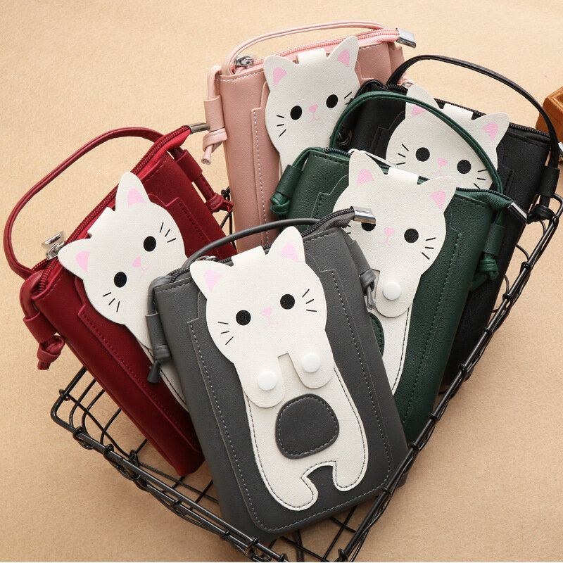 Dame Imiteret Læder Super Sød Kat Kitty Mønster 6.3 Tommer Telefontaske Lille Opbevaringstaske Crossbody Taske