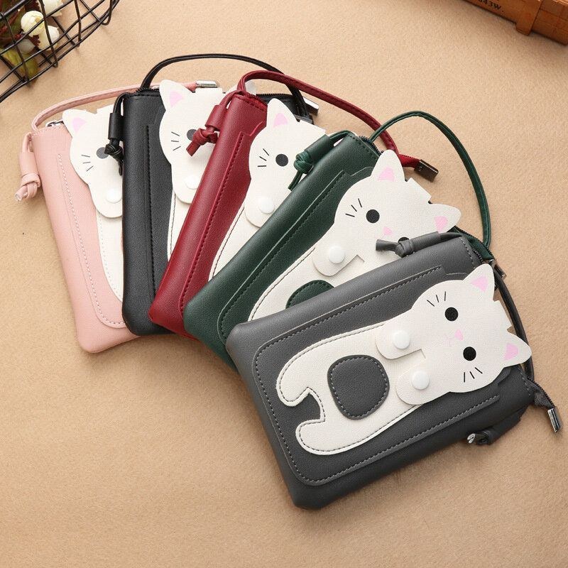 Dame Imiteret Læder Super Sød Kat Kitty Mønster 6.3 Tommer Telefontaske Lille Opbevaringstaske Crossbody Taske