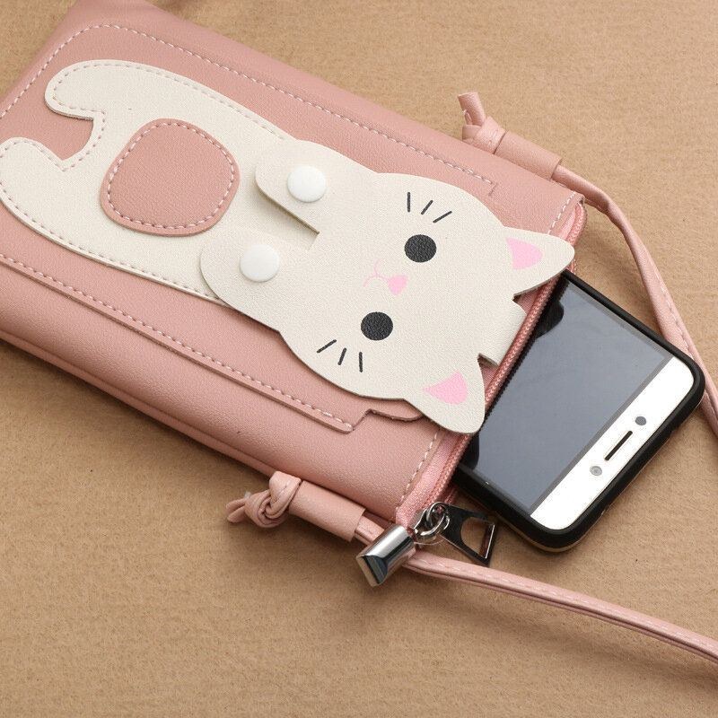 Dame Imiteret Læder Super Sød Kat Kitty Mønster 6.3 Tommer Telefontaske Lille Opbevaringstaske Crossbody Taske