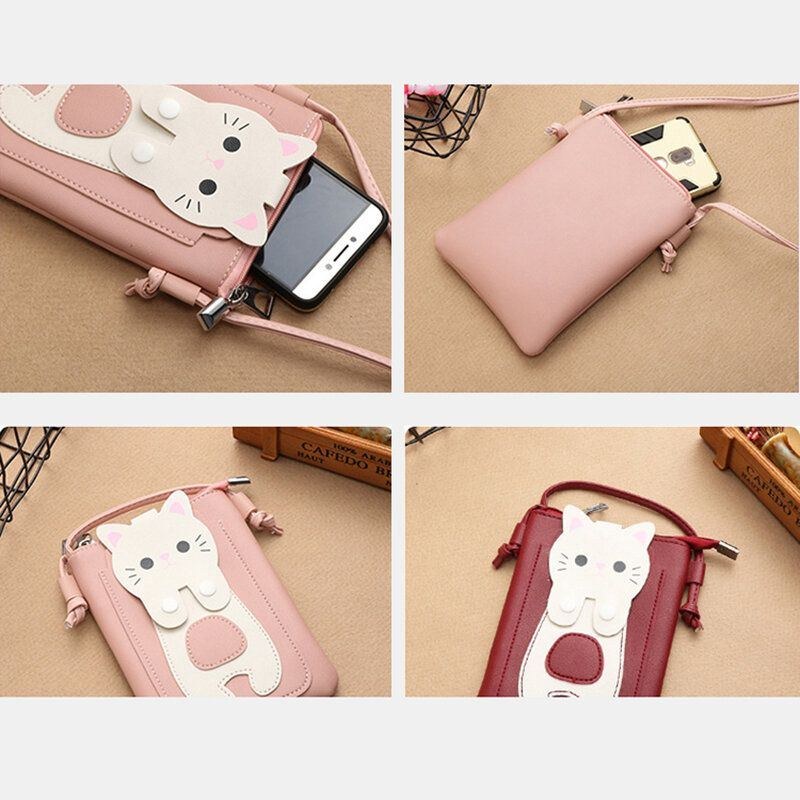 Dame Imiteret Læder Super Sød Kat Kitty Mønster 6.3 Tommer Telefontaske Lille Opbevaringstaske Crossbody Taske