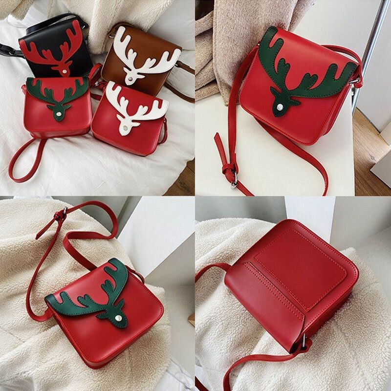 Dame Kunstlæder Kontrastfarve Jul Elg Mønster Lille Firkantet Taske Crossbody Taske Skuldertaske