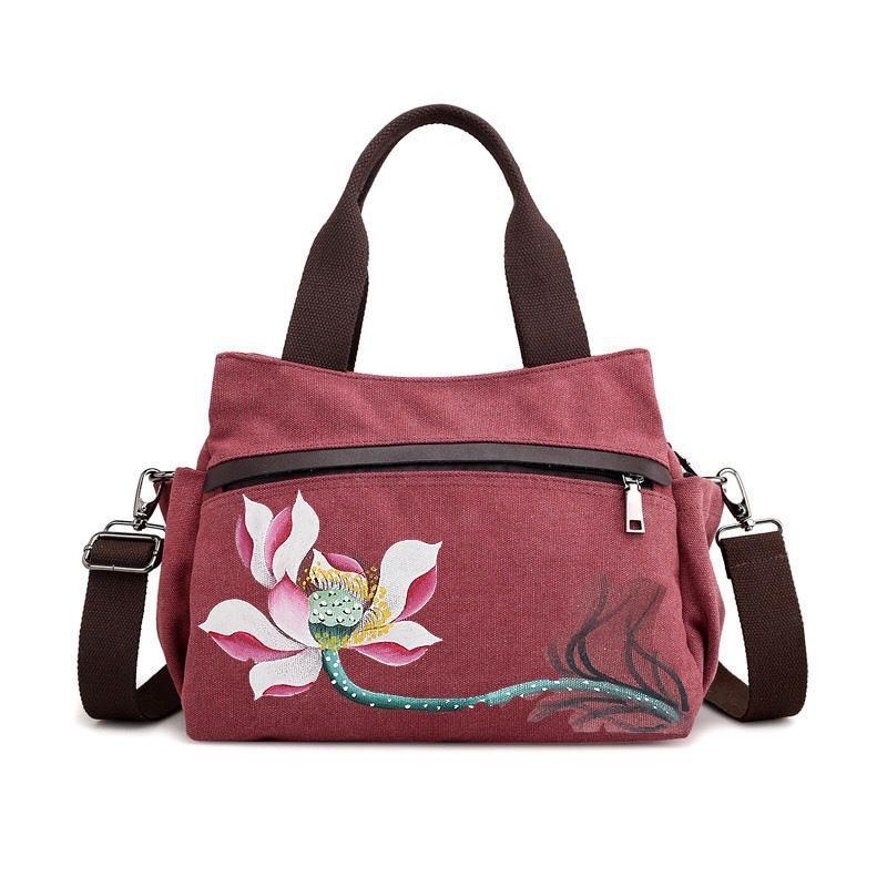 Dame Lotus Canvas Håndtaske Kinesisk Crossbody Taske