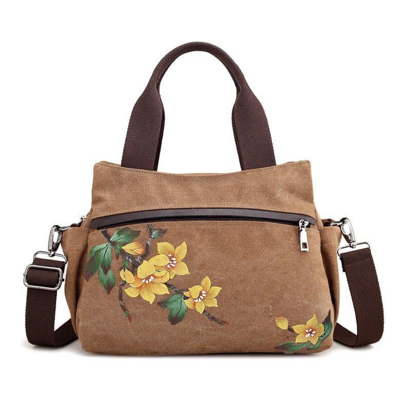 Dame Lotus Canvas Håndtaske Kinesisk Crossbody Taske