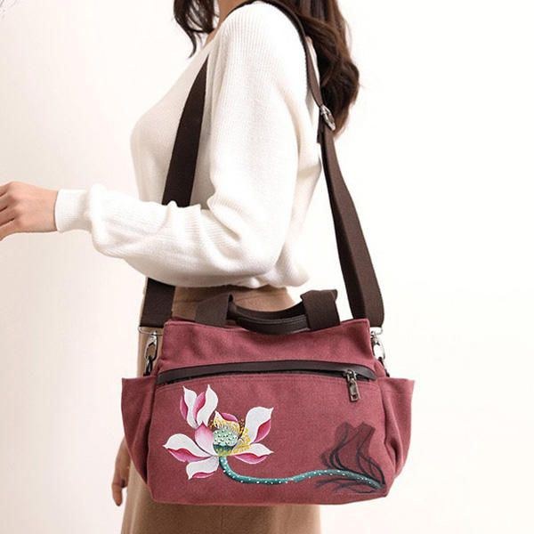 Dame Lotus Canvas Håndtaske Kinesisk Crossbody Taske