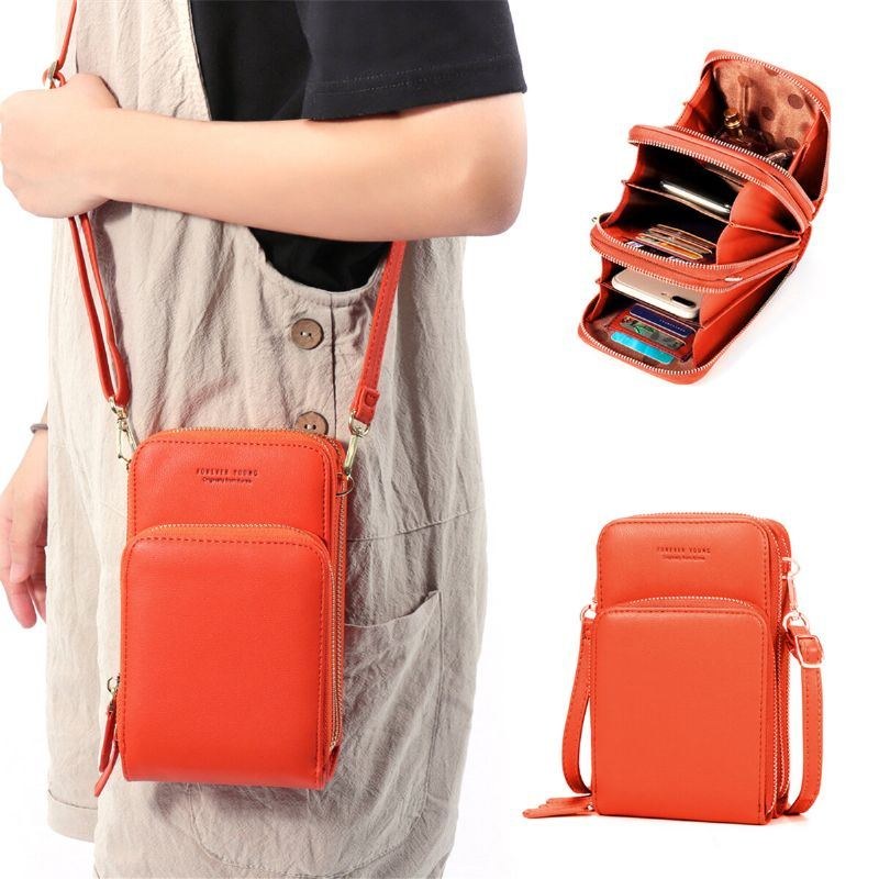 Dame Massivt Imiteret Læder Muti-lomme Clutches Taske Kort Taske Telefon Taske Crossbody Taske Stor Kapacitet