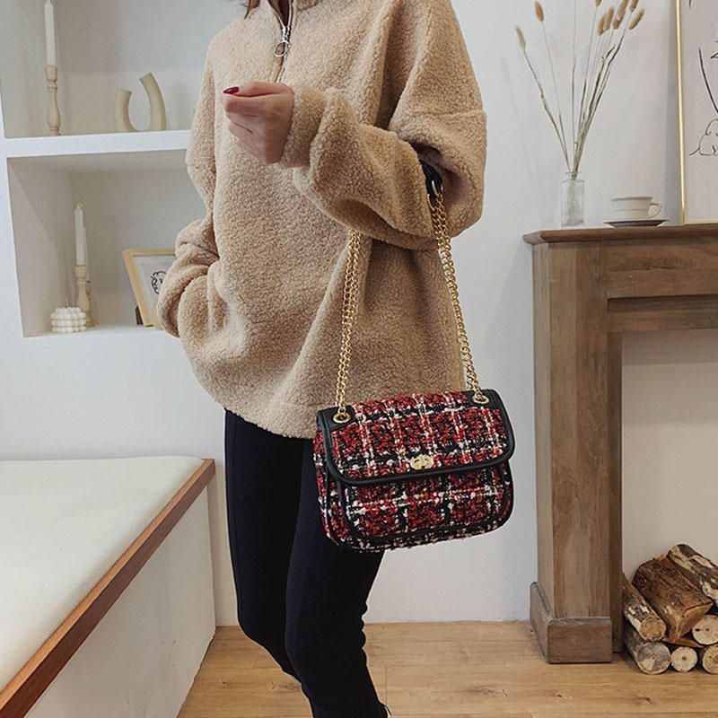 Dame Mix Farve Woven Woolen Vintage Chain Bag Clutch Bag Crossbody Taske