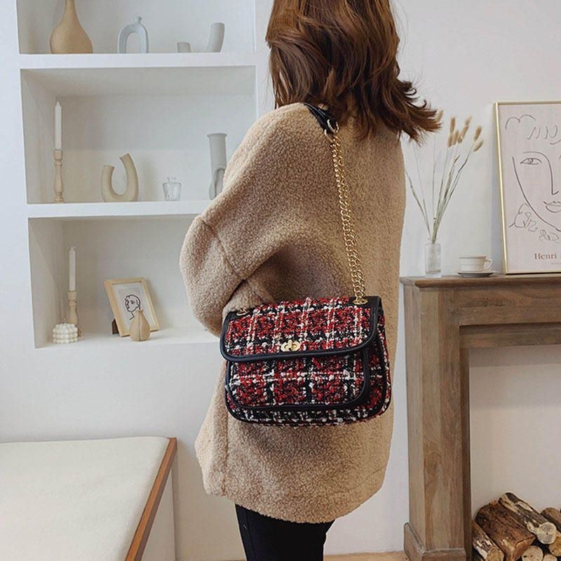 Dame Mix Farve Woven Woolen Vintage Chain Bag Clutch Bag Crossbody Taske