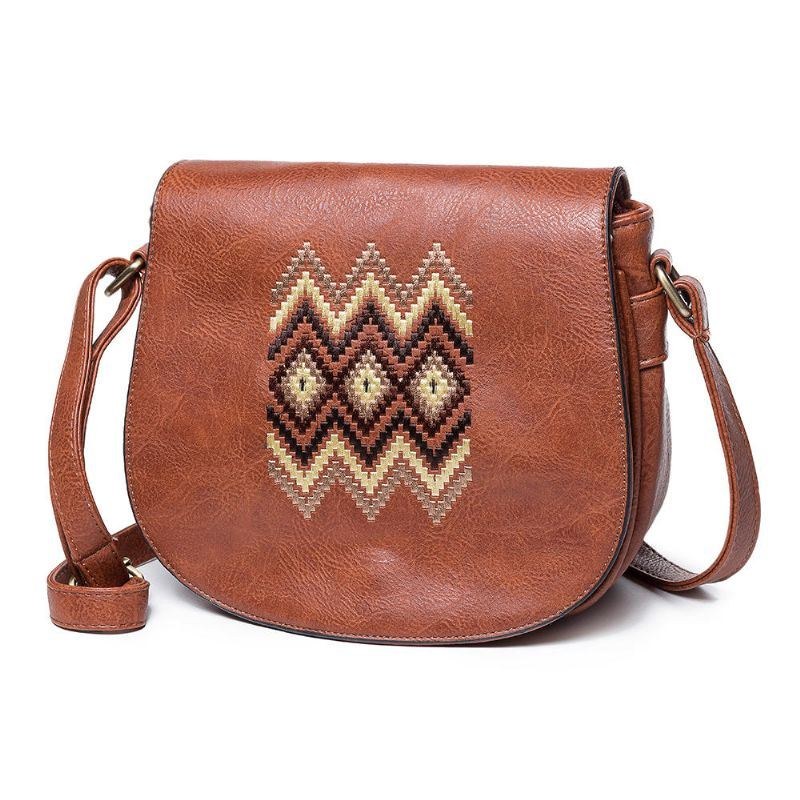 Dame National Pu Læder Broderi Crossbody Taske