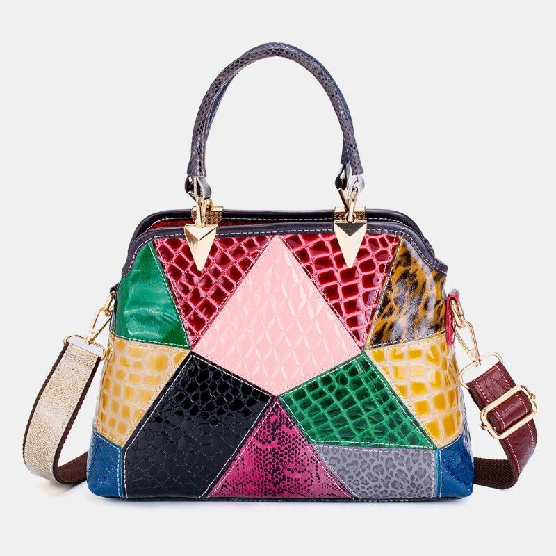 Dame Olievoks Ægte Læder Patchwork Håndtaske Crossbody Taske Skuldertaske