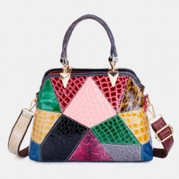 Dame Olievoks Ægte Læder Patchwork Håndtaske Crossbody Taske Skuldertaske