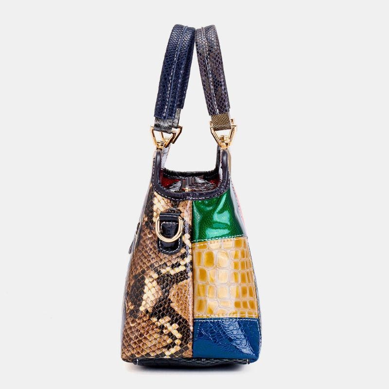 Dame Olievoks Ægte Læder Patchwork Håndtaske Crossbody Taske Skuldertaske