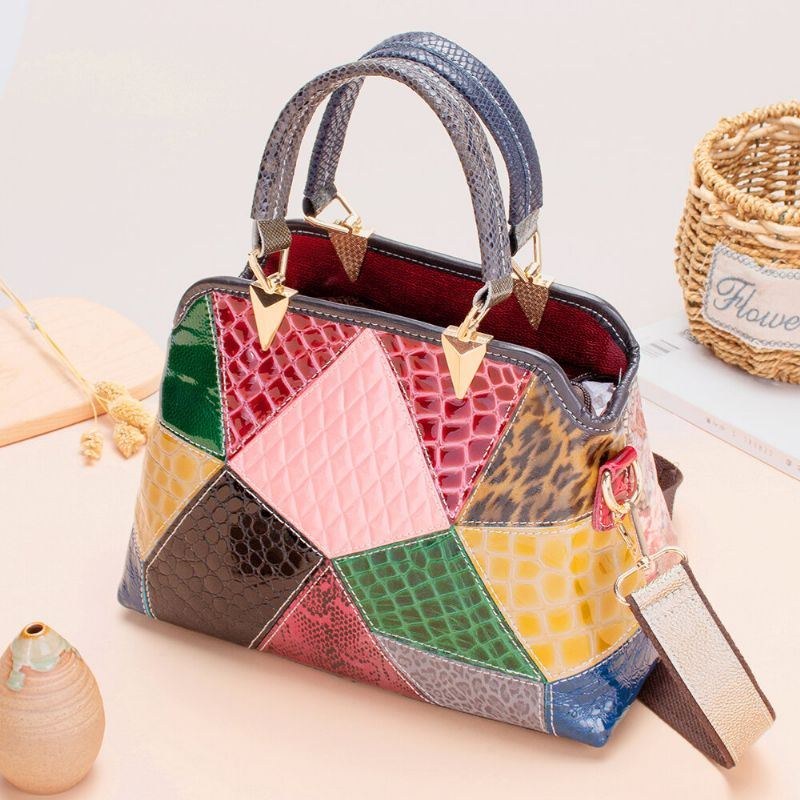 Dame Olievoks Ægte Læder Patchwork Håndtaske Crossbody Taske Skuldertaske