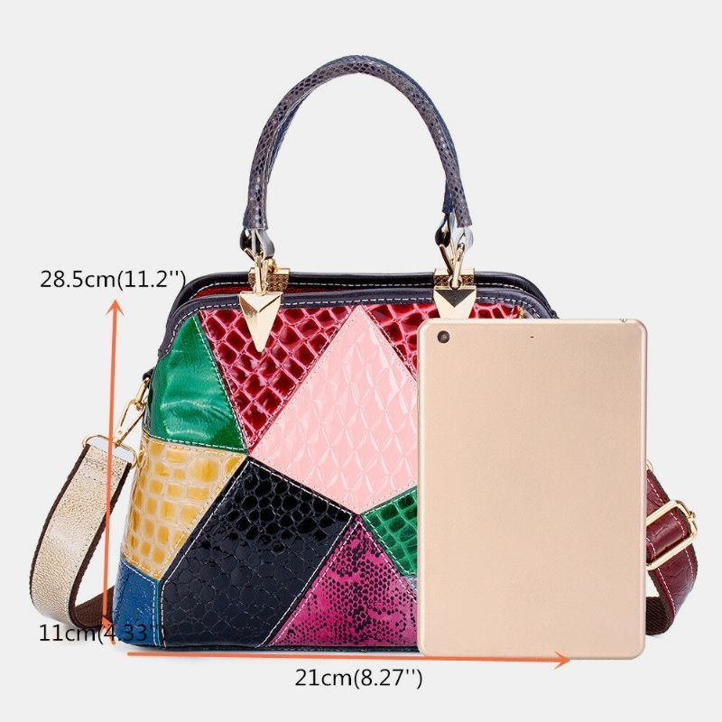 Dame Olievoks Ægte Læder Patchwork Håndtaske Crossbody Taske Skuldertaske