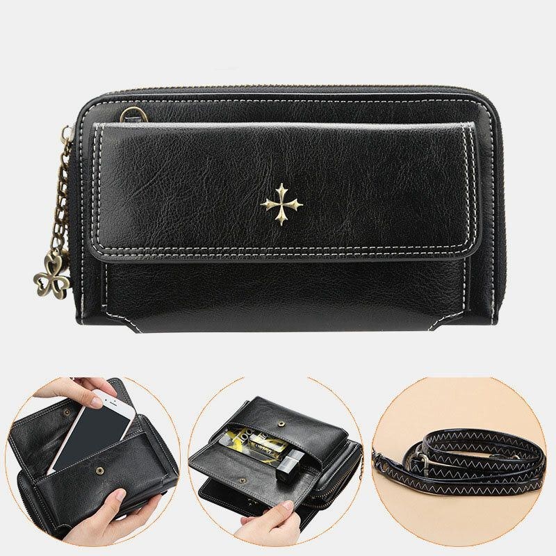 Dame Pu Læder Cross Flower Tassel Stor Kapacitet Multi-card Slot Telefontaske Crossbody Bag Skuldertaske