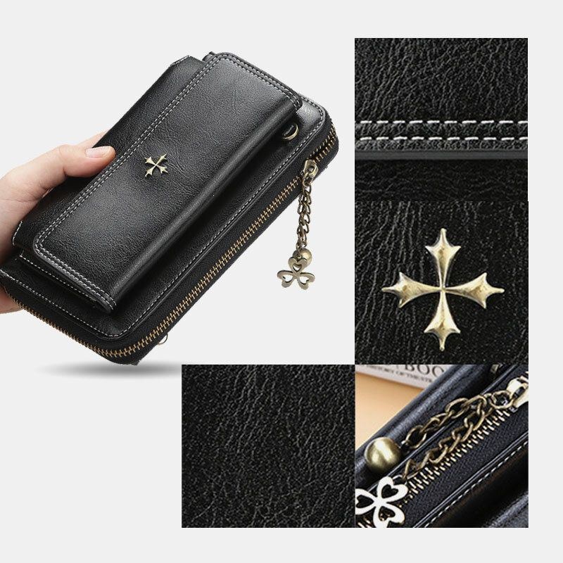 Dame Pu Læder Cross Flower Tassel Stor Kapacitet Multi-card Slot Telefontaske Crossbody Bag Skuldertaske